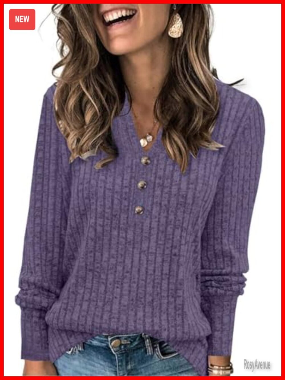 Womens Henley Neck Long Sleeve Pullover Sweater Striped Loose Fit